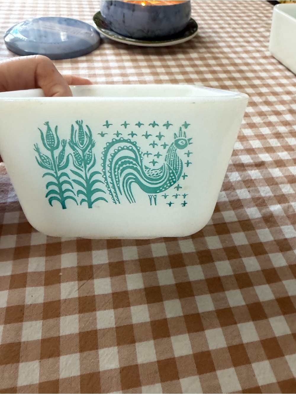Pyrex Milk Glass Casserole with Teal Folk Rooster